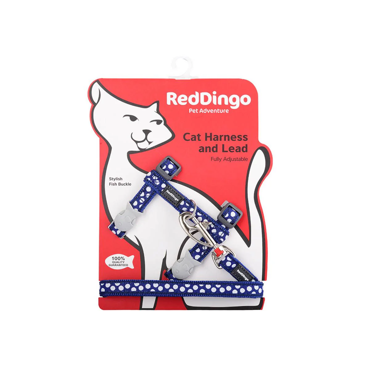 Red Dingo Cat Harness And Lead White Spots On Dark Blue